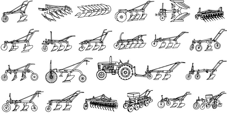 Collection of diverse agricultural plows and farm machinery in outline sketch style, illustrating various tilling and cultivating equipment designs