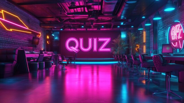 neon-lit quiz lounge with a large glowing quiz sign, stage, rows of swivel chairs and desks against exposed brick, vibrant pink and blue reflections and an energetic playful mood