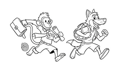 Fototapeta premium Energetic vector illustration of a cartoon monkey and wolf running happily with school supplies