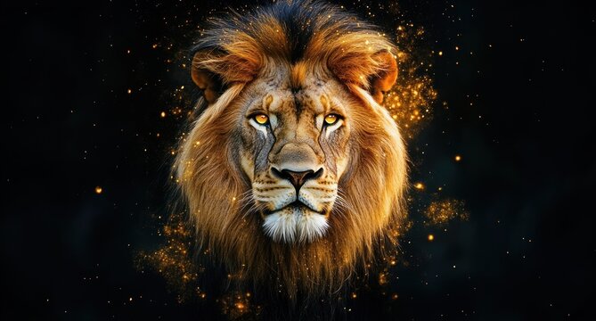 Majestic male lion close-up portrait with glowing golden mane and floating embers, intense regal gaze against a deep dark background