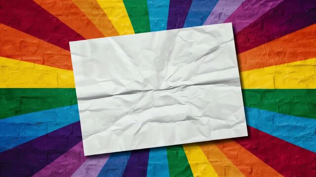 Welcome to the Team!" Bold Black Text on a Crumpled White Paper Over a Colorful Rainbow Pride Flag Background - Inclusive and Vibrant Corporate Welcome Image