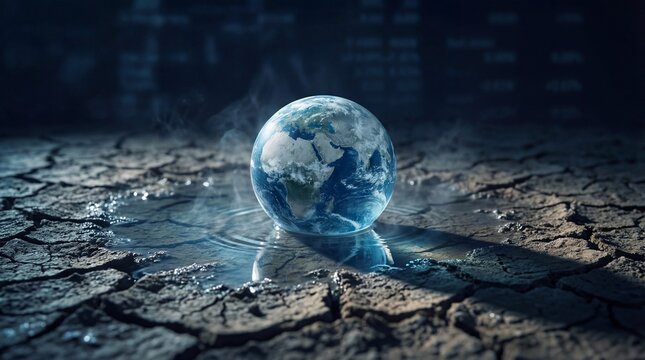 Small Earth globe resting on a thin layer of evaporating water and cracked ground, representing the global water scarcity and climate change crisis