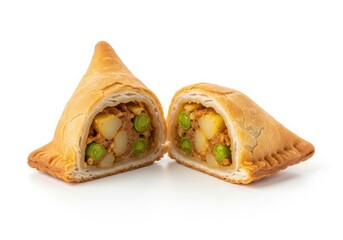 A crispy golden brown indian samosa cut in half to reveal a savory potato and green pea filling