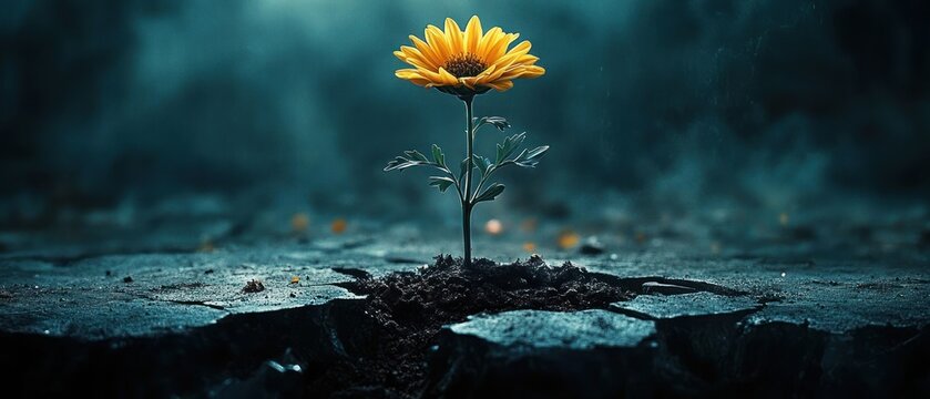 Single yellow flower sprouting from cracked concrete and soil, standing alone against a dark moody background conveying fragile hope and resilient growth