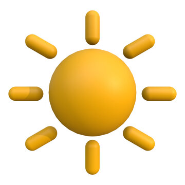 Bright yellow 3D sun icon radiating warmth and light, a stylized graphic symbolizing summer and positive energy for digital designs and user interfaces