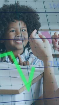 Vertical video: Mom holding thumb guiding child counting at desk, education graph overlay moving