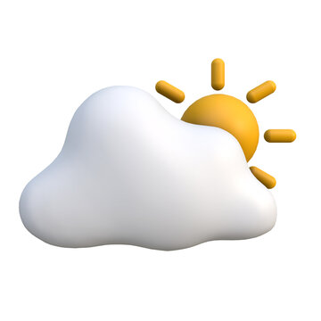 Brightly rendered 3D icon symbolizing partly cloudy weather conditions with a fluffy white cloud partially obscuring a radiant yellow sun, ideal for modern digital interfaces and forecasts