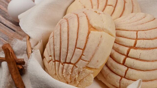Close-up of Vanilla conchas, traditional Mexican bread