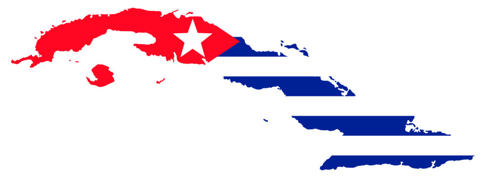 Cuba map silhouette with national flag &mdash; Cuban island country outline in flag colors, geographic map shape of Cuba in Caribbean world map context