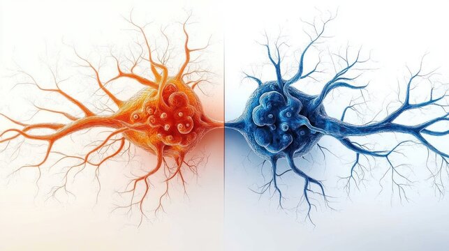 paired orange and blue neuronal cells mirrored across a central divide, branching dendrites reaching toward each other, conveying contrast, tension, and connection