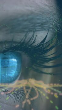 Vertical video: Single eye opening on HUD waking lashes fanning showing blue HUD waveform for data