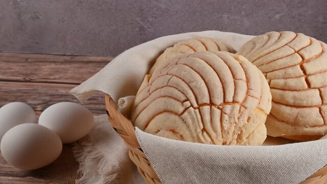 Vanilla flavored Mexican concha buns with sugar crust topping, Mexican bread