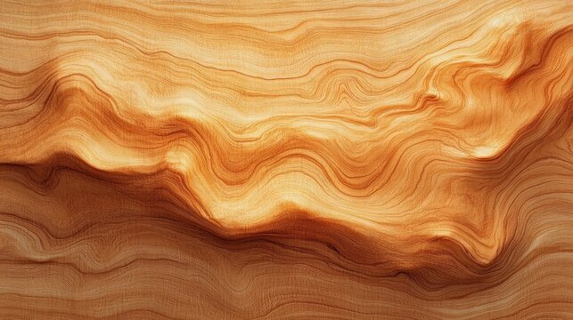 warm undulating layered wood grain and sediment-like striations forming a flowing abstract landscape, evoking calm and soothing organic motion