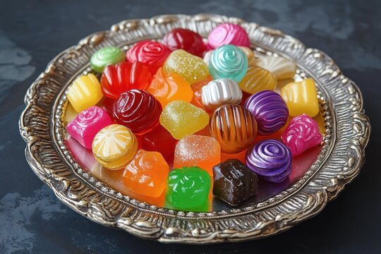 ornate silver platter piled with assorted colorful hard candies and sugar-coated jelly gumdrops on a dark textured tabletop, bright cheerful and nostalgic
