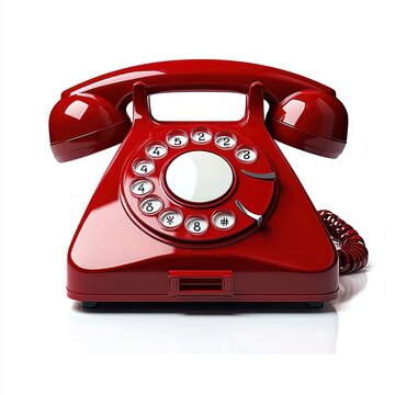 glossy red rotary telephone with handset and coiled cord on white background, nostalgic retro feel