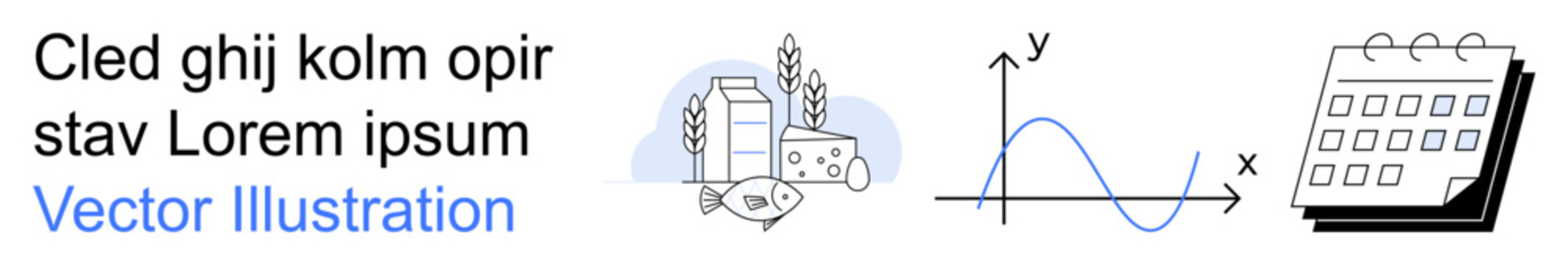 Agriculture, food production, business planning, data analysis, schedule management, dairy industry. Milk and cheese beside grains, graph with axes monthly calendar. Agriculture and food production