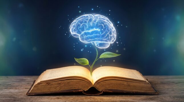 Brain grows from open book symbolizing knowledge learning intelligence and education concept