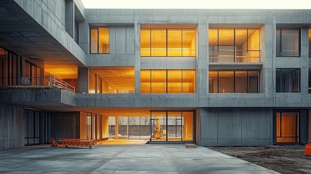 Minimal concrete office building under construction with large glowing windows, empty open courtyard, visible excavator and construction materials, calm warm evening atmosphere