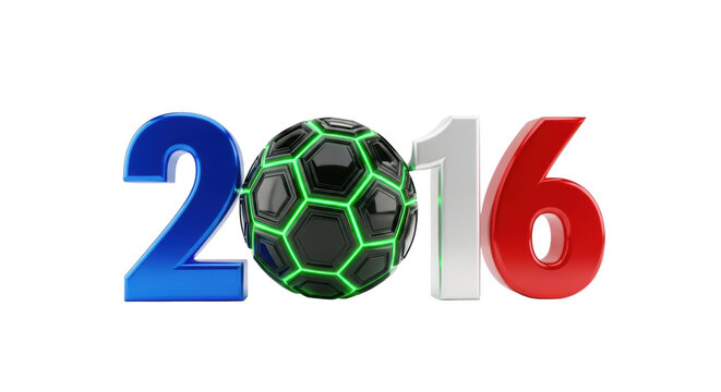 Highly reflective blue, white, and red chrome '2016' numerals with a futuristic neon green glowing soccer ball replacing the zero, isolated on a transparent cyclorama. Conceptual sports branding