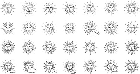 Whimsical Sun Face Collection: Hand-Drawn Celestial Illustrations © victoria