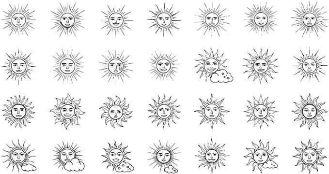 Whimsical Sun Face Collection: Hand-Drawn Celestial Illustrations