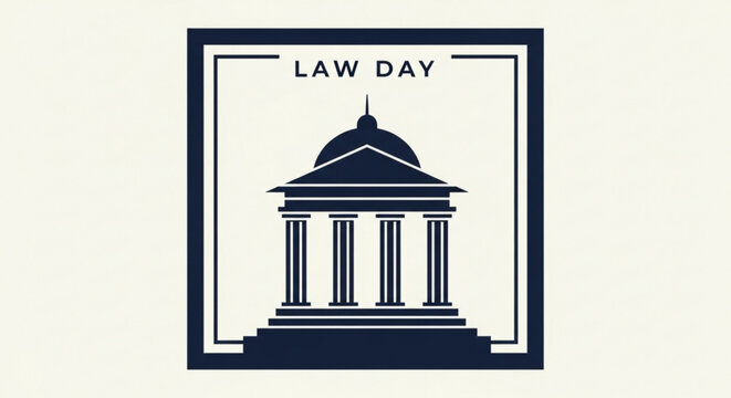 Law day logo with courthouse illustration and text in a square frame on beige background
