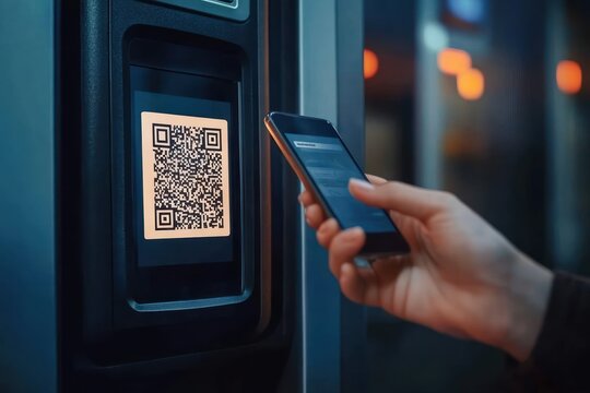 Hand holding smartphone scanning a QR code on a terminal screen with warm bokeh lights, conveying modern contactless access and convenience