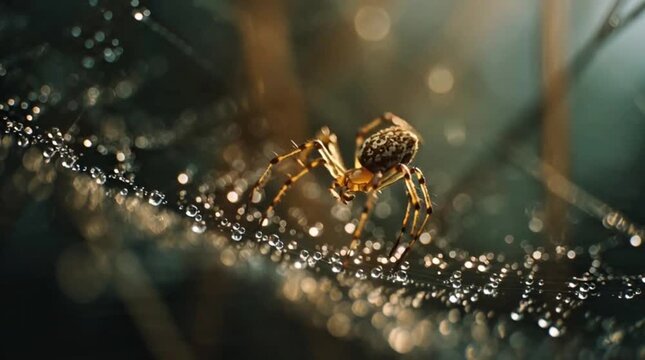 A common spider delicately traverses its intricate, dew-covered web, glistening with sparkling droplets in the soft morning light, highlighting the beauty of nature's architecture
