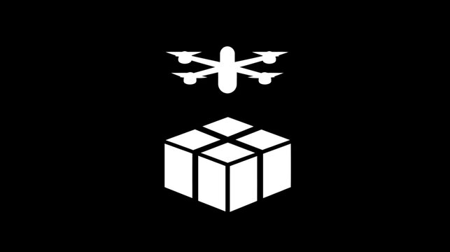A white drone flying above a white cuboid with four equally sized squares on top, on black