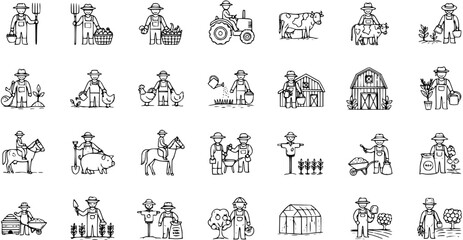 Farming Icons: Line Art Set of Farmers, Animals, Tools  Agriculture Concepts © victoria