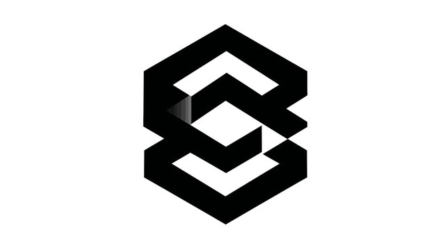 Geometric, interlocking shapes with a black, two-dimensional design. Resembles a stylized letter