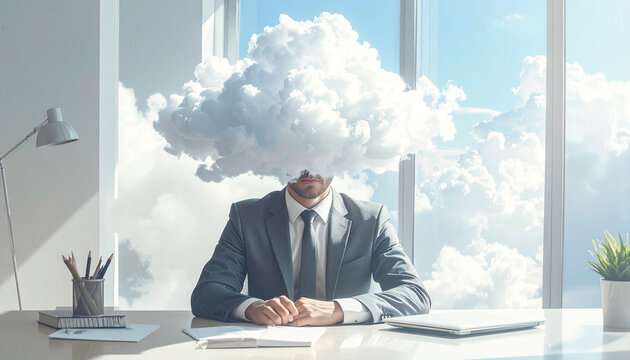 Businessman with cloudy head sits at modern office desk with papers and laptop.