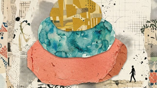 Gen Z & Millennial Financial Planning concept. Abstract collage with layered textures, patterns, and a small human silhouette.