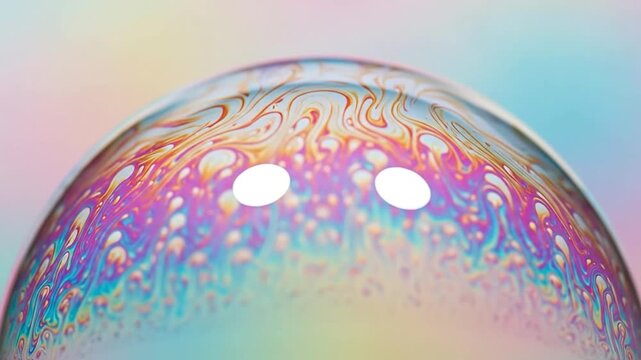 Macro photography of thin film interference on a soap bubble with iridescent swirling patterns