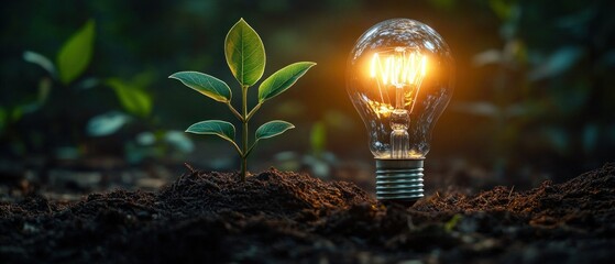 A small green seedling grows from dark soil beside a glowing incandescent light bulb, conveying hope, growth, and bright ideas in harmony with nature.