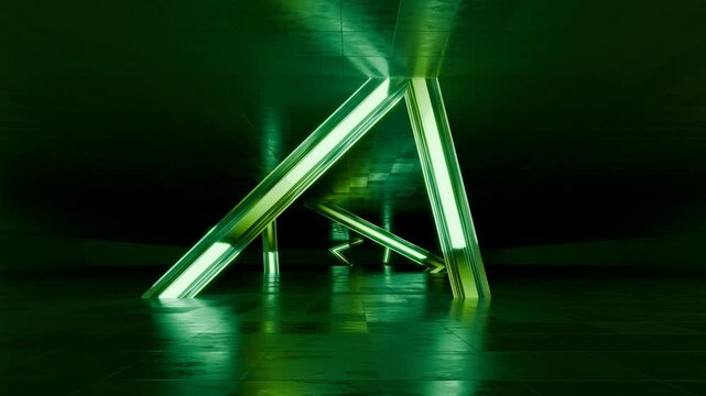 Seamless loop of green neon triangle frame for technology stage background. 3D animation