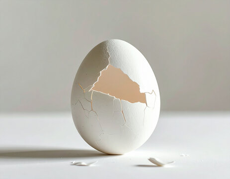 Single cracked egg on clean surface symbolizes new opportunity and fragility.
