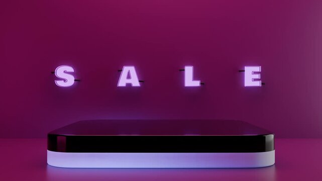 Seamless loop of neon sale sign flickering on futuristic podium stage. 3D animation