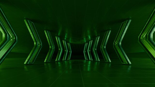 Seamless loop of futuristic green neon chevron corridor motion background. 3D animation