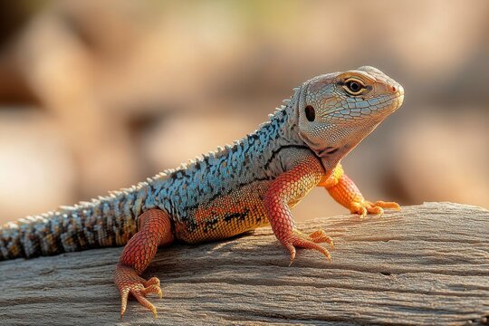 Colorful lizard perched on a weathered log, blue body with orange limbs and textured scales, looking to the right with alert curiosity