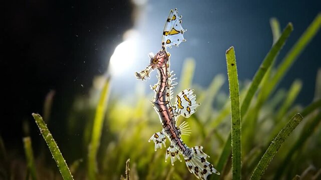 Rare Leafy Seadragon Camouflaged in Green Seagrass Meadow Underwater Macro Photography