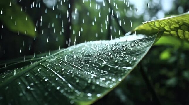 Refreshing close-up of vibrant green leaf glistening with countless natural raindrops, capturing the serene beauty of a peaceful, nourishing downpour in a lush jungle environment