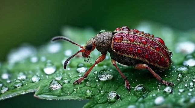 Intricate macro shot showcasing a vibrant red weevil beetle adorned with numerous glistening water droplets, delicately perched on a fresh green leaf amidst a serene natural environment