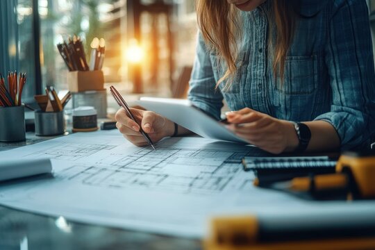 focused person reviewing architectural blueprints at a sunlit desk with tablet, pens, pencils, measuring tape and drafting tools conveying concentration and creative work