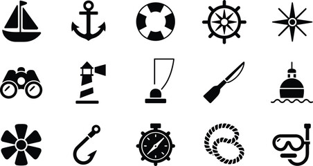 Nautical icons collection, maritime symbols set, sailing equipment silhouettes, ocean navigation elements, sea travel design pack, marine adventure graphics © MD SAKIB