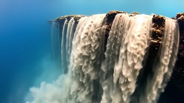 Dramatic underwater sand waterfall cascading over a marine cliff into the deep blue ocean