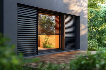 Fototapeta premium modern home facade with dark louvered shutters and large sliding glass door opening onto a wooden deck, warm interior glow and peaceful garden atmosphere