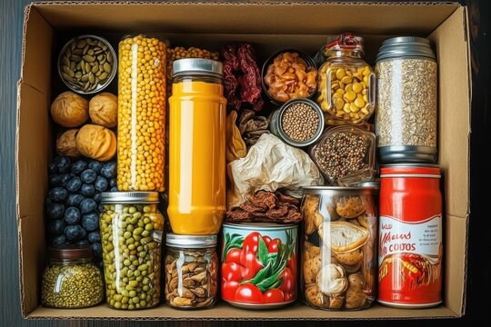 overhead view of an organized cardboard pantry box filled with jars and cans of dried legumes, grains, oats, seeds, nuts, dried chilies, blueberries, spices and cookies, cozy abundance