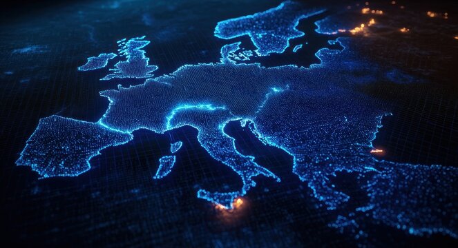 Glowing blue digital map of Europe formed by thousands of illuminated data points with orange hotspots on a dark grid, evoking a futuristic, connected and dynamic network