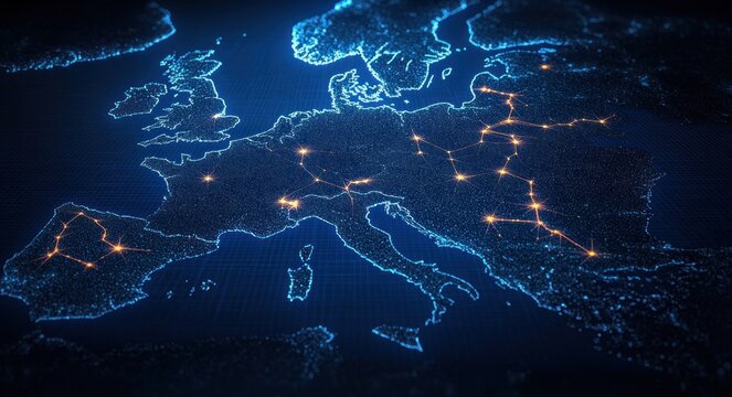 Glowing digital map of Europe with interconnected orange network nodes and blue dotted coastline, futuristic high-tech visualization conveying connectivity and dynamic energy